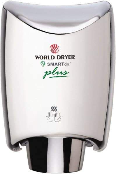World Dryer - 1200 Watt Silver Finish Electric Hand Dryer - 100/120 Volts, 10 Amps, 9.3" Wide x 12-1/2" High x 7.6" Deep - Americas Industrial Supply