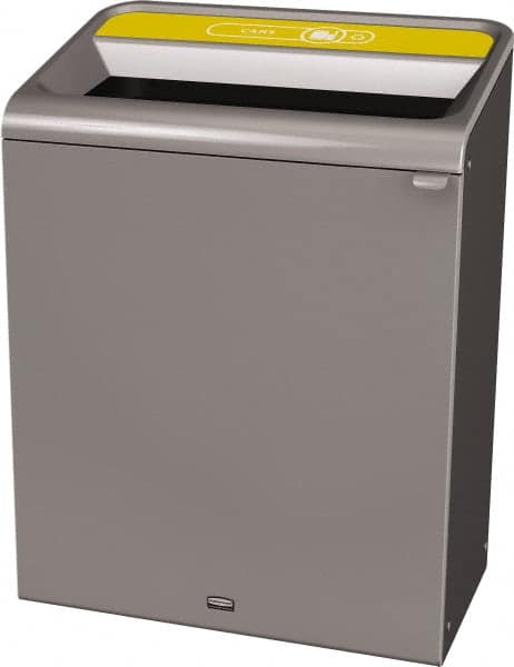 Rubbermaid - 45 Gal Gray Rectangle Decorative Indoor Single Stream Waste Receptacle - Metal, Cans Graphic, 37.965" High x 29.132" Long x 19-1/2" Wide, Lid Included - Americas Industrial Supply