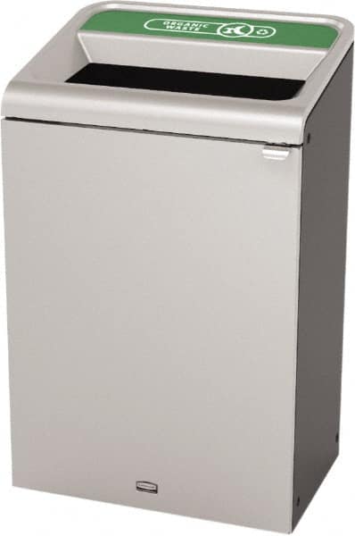 Rubbermaid - 33 Gal Gray Rectangle Decorative Indoor Single Stream Waste Receptacle - Metal, Organic Waste Graphic, 37.965" High x 24.051" Long x 19-1/2" Wide, Lid Included - Americas Industrial Supply