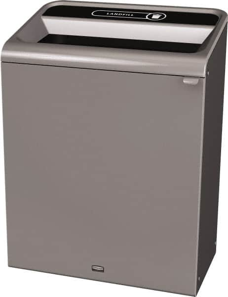 Rubbermaid - 45 Gal Gray Rectangle Decorative Indoor Single Stream Waste Receptacle - Metal, Landfill Graphic, 37.965" High x 29.132" Long x 19-1/2" Wide, Lid Included - Americas Industrial Supply