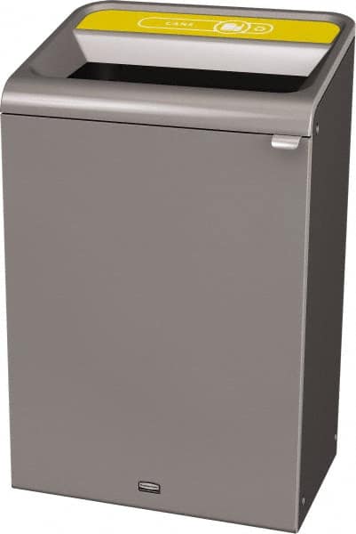 Rubbermaid - 33 Gal Gray Rectangle Decorative Indoor Single Stream Waste Receptacle - Metal, Cans Graphic, 37.965" High x 24.051" Long x 19-1/2" Wide, Lid Included - Americas Industrial Supply