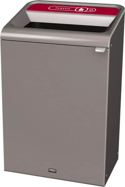 Rubbermaid - 33 Gal Gray Rectangle Decorative Indoor Single Stream Waste Receptacle - Metal, Plastic Graphic, 37.965" High x 24.051" Long x 19-1/2" Wide, Lid Included - Americas Industrial Supply