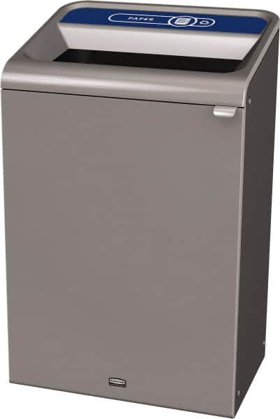 Rubbermaid - 33 Gal Gray Rectangle Decorative Indoor Single Stream Waste Receptacle - Metal, Paper Graphic, 37.965" High x 24.051" Long x 19-1/2" Wide, Lid Included - Americas Industrial Supply