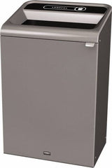 Rubbermaid - 33 Gal Gray Rectangle Decorative Indoor Single Stream Waste Receptacle - Metal, Landfill Graphic, 37.965" High x 24.051" Long x 19-1/2" Wide, Lid Included - Americas Industrial Supply