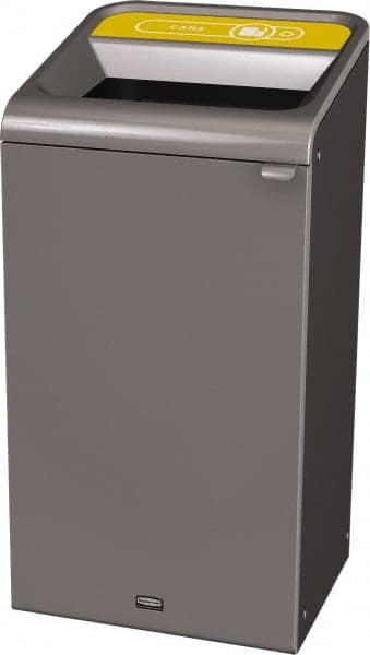 Rubbermaid - 23 Gal Gray Rectangle Decorative Indoor Single Stream Waste Receptacle - Metal, Cans Graphic, 37.965" High x 19.588" Long x 19-1/2" Wide, Lid Included - Americas Industrial Supply