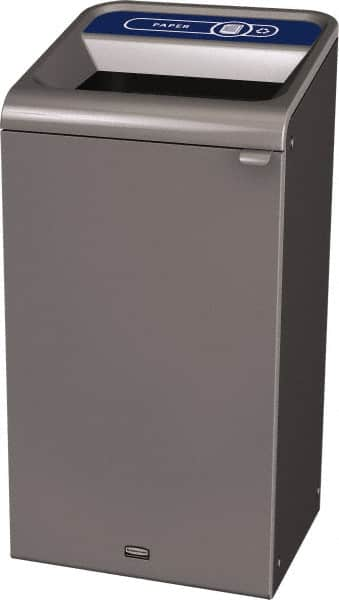 Rubbermaid - 23 Gal Gray Rectangle Decorative Indoor Single Stream Waste Receptacle - Metal, Paper Graphic, 37.965" High x 19.588" Long x 19-1/2" Wide, Lid Included - Americas Industrial Supply