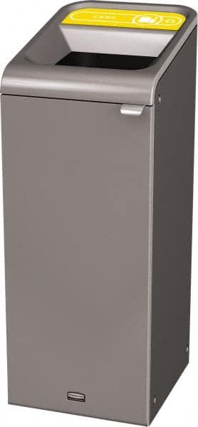 Rubbermaid - 15 Gal Gray Rectangle Decorative Indoor Single Stream Waste Receptacle - Metal, Cans Graphic, 37.965" High x 14.784" Long x 19-1/2" Wide, Lid Included - Americas Industrial Supply