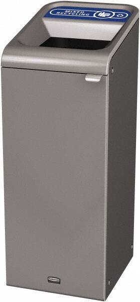 Rubbermaid - 15 Gal Gray Rectangle Decorative Indoor Single Stream Waste Receptacle - Metal, Mixed Recycling Graphic, 37.965" High x 14.784" Long x 19-1/2" Wide, Lid Included - Americas Industrial Supply