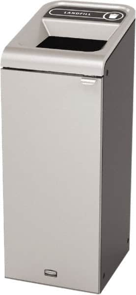 Rubbermaid - 15 Gal Gray Rectangle Decorative Indoor Single Stream Waste Receptacle - Metal, Landfill Graphic, 37.965" High x 14.784" Long x 19-1/2" Wide, Lid Included - Americas Industrial Supply