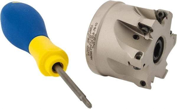 Iscar - 6 Inserts, 2" Cut Diam, 3/4" Arbor Diam, 0.315" Max Depth of Cut, Indexable Square-Shoulder Face Mill - 0/90° Lead Angle, 1.57" High, HM390 TPKT 1003 Insert Compatibility, Through Coolant, Series HeliIQMill - Americas Industrial Supply