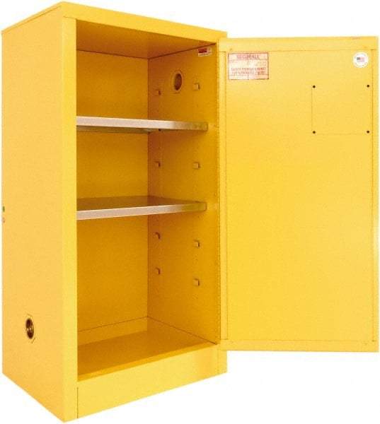 Securall Cabinets - 1 Door, 2 Shelf, Yellow Steel Standard Safety Cabinet for Flammable and Combustible Liquids - 44" High x 24" Wide x 18" Deep, Manual Closing Door, 3 Point Key Lock, 20 Gal Capacity - Americas Industrial Supply
