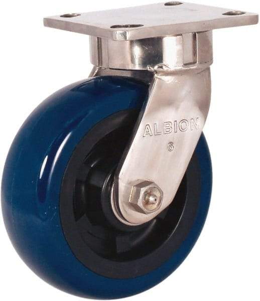 Albion - 4" Diam x 2" Wide x 5-5/8" OAH Top Plate Mount Swivel Caster - Polyurethane Mold on Polypropylene, 600 Lb Capacity, Stainless Steel Roller Bearing, 4 x 4-1/2" Plate - Americas Industrial Supply