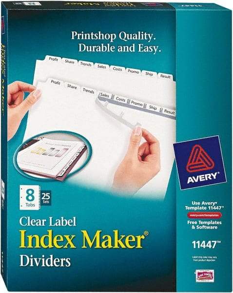 AVERY - 11 x 8-1/2" 8 Tabs, Three Hole Clear Plastic Reinforced Binder Holes, Tab Divider - Clear Tabs, White Folder - Americas Industrial Supply