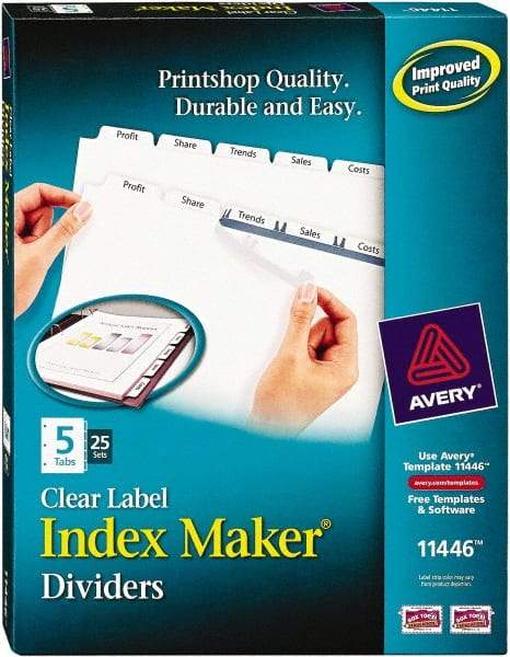 AVERY - 11 x 8-1/2" 5 Tabs, Three Hole Clear Plastic Reinforced Binder Holes, Tab Divider - Clear Tabs, White Folder - Americas Industrial Supply