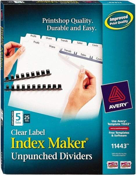 AVERY - 11 x 8-1/2" 5 Tabs, Unpunched Clear Plastic Reinforced, Tab Divider - Clear Tabs, White Folder - Americas Industrial Supply