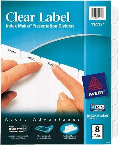 AVERY - 11 x 8-1/2" 8 Tabs, Three Hole Clear Plastic Reinforced Binder Holes, Tab Divider - Clear Tabs, White Folder - Americas Industrial Supply