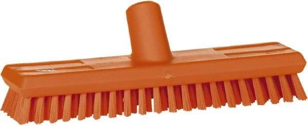 Vikan - 1" Bristle Length, Polyester Scrub Brush - 10-5/8" Long x 2-1/2" Wide Head, 11" OAL, European Threaded Handle, Orange, Polypropylene Block - Americas Industrial Supply