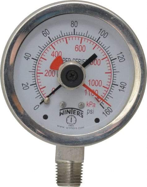 Winters - 2-1/2" Dial, 1/4 Thread, 0-160 Scale Range, Pressure Gauge - Lower Connection Mount, Accurate to 1% of Scale - Americas Industrial Supply