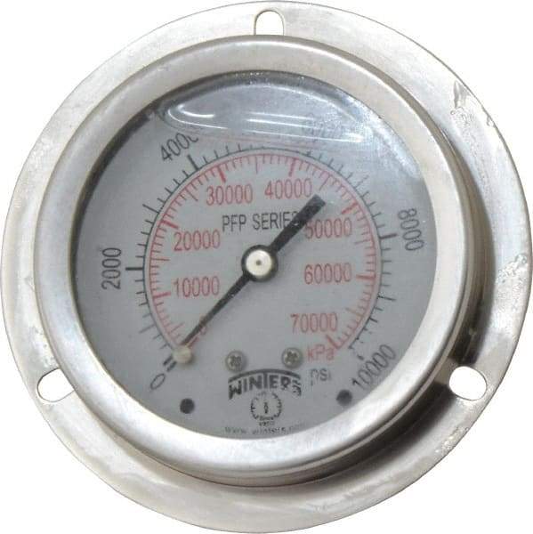 Winters - 2-1/2" Dial, 1/4 Thread, 0-10,000 Scale Range, Pressure Gauge - Front Flange Panel Mount, Center Back Connection Mount, Accurate to 1.6% of Scale - Americas Industrial Supply