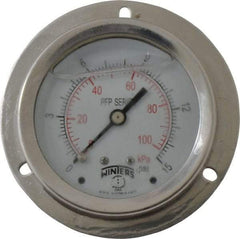 Winters - 2-1/2" Dial, 1/4 Thread, 0-15 Scale Range, Pressure Gauge - Front Flange Panel Mount, Center Back Connection Mount, Accurate to 1.6% of Scale - Americas Industrial Supply