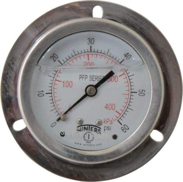 Winters - 2-1/2" Dial, 1/4 Thread, 0-60 Scale Range, Pressure Gauge - Front Flange Panel Mount, Center Back Connection Mount, Accurate to 1.6% of Scale - Americas Industrial Supply