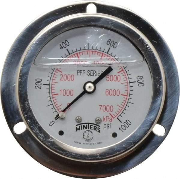 Winters - 2-1/2" Dial, 1/4 Thread, 0-1,000 Scale Range, Pressure Gauge - Front Flange Panel Mount, Center Back Connection Mount, Accurate to 1.6% of Scale - Americas Industrial Supply