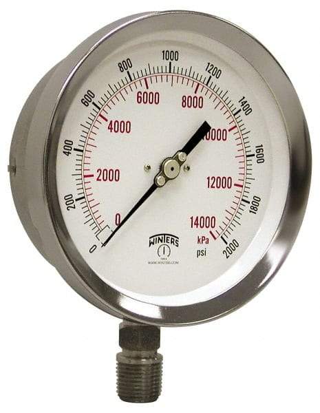 Winters - 4" Dial, 1/4 Thread, 0-400 Scale Range, Pressure Gauge - Lower Connection Mount, Accurate to 1% of Scale - Americas Industrial Supply