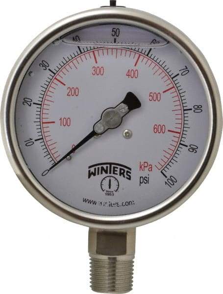 Winters - 4" Dial, 1/2 Thread, 0-100 Scale Range, Pressure Gauge - Lower Connection Mount, Accurate to 1% of Scale - Americas Industrial Supply