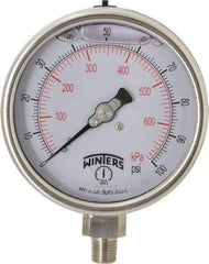 Winters - 4" Dial, 1/4 Thread, 0-100 Scale Range, Pressure Gauge - Lower Connection Mount, Accurate to 1% of Scale - Americas Industrial Supply