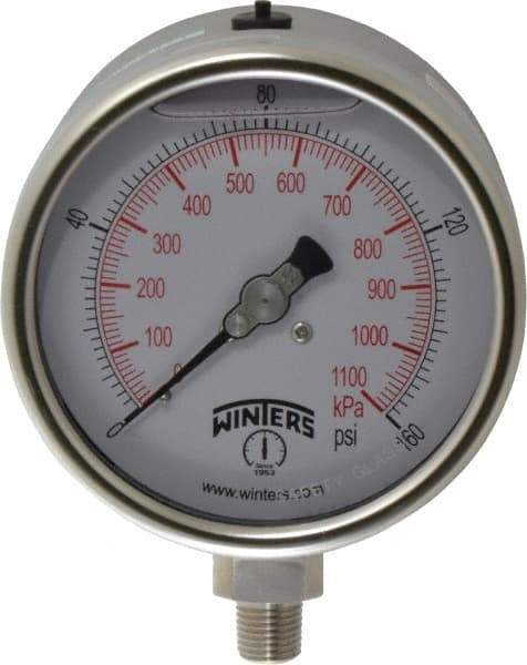 Winters - 4" Dial, 1/4 Thread, 0-160 Scale Range, Pressure Gauge - Lower Connection Mount, Accurate to 1% of Scale - Americas Industrial Supply