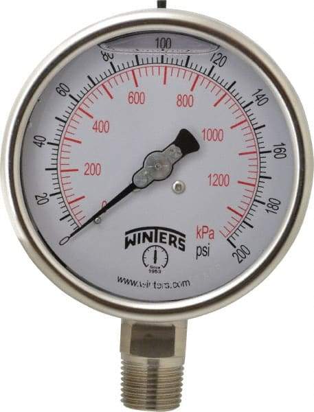 Winters - 4" Dial, 1/2 Thread, 0-200 Scale Range, Pressure Gauge - Lower Connection Mount, Accurate to 1% of Scale - Americas Industrial Supply