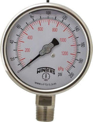 Winters - 4" Dial, 1/2 Thread, 0-200 Scale Range, Pressure Gauge - Lower Connection Mount, Accurate to 1% of Scale - Americas Industrial Supply
