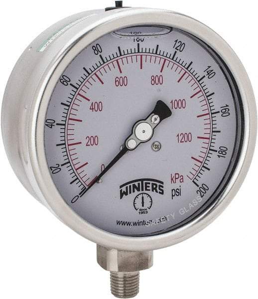 Winters - 4" Dial, 1/4 Thread, 0-200 Scale Range, Pressure Gauge - Lower Connection Mount, Accurate to 1% of Scale - Americas Industrial Supply