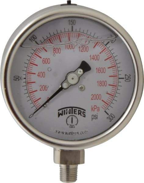 Winters - 4" Dial, 1/4 Thread, 0-300 Scale Range, Pressure Gauge - Lower Connection Mount, Accurate to 1% of Scale - Americas Industrial Supply