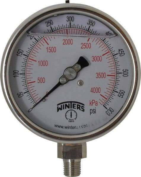 Winters - 4" Dial, 1/4 Thread, 0-600 Scale Range, Pressure Gauge - Lower Connection Mount, Accurate to 1% of Scale - Americas Industrial Supply