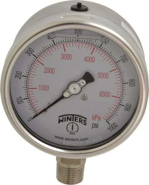Winters - 4" Dial, 1/2 Thread, 0-1,000 Scale Range, Pressure Gauge - Lower Connection Mount, Accurate to 1% of Scale - Americas Industrial Supply