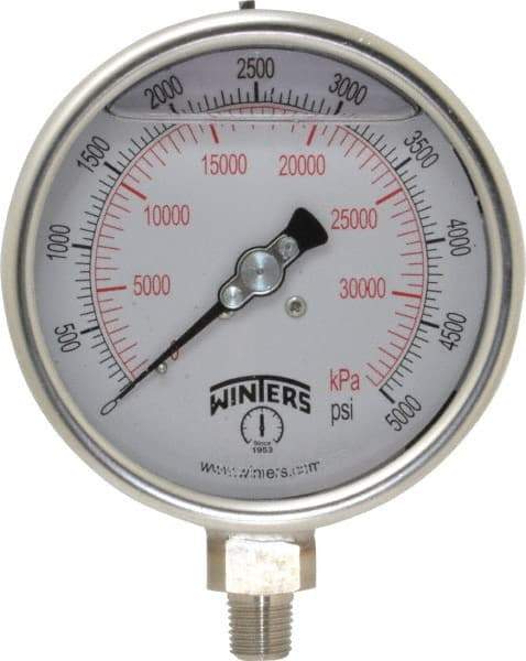 Winters - 4" Dial, 1/4 Thread, 0-5,000 Scale Range, Pressure Gauge - Lower Connection Mount, Accurate to 1% of Scale - Americas Industrial Supply