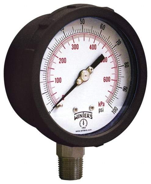 Winters - 4" Dial, 1/4 Thread, 0-160 Scale Range, Pressure Gauge - Lower Connection Mount, Accurate to 1% of Scale - Americas Industrial Supply