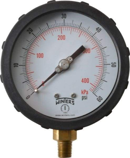 Winters - 4" Dial, 1/4 Thread, 0-60 Scale Range, Pressure Gauge - Lower Connection Mount, Accurate to 1% of Scale - Americas Industrial Supply
