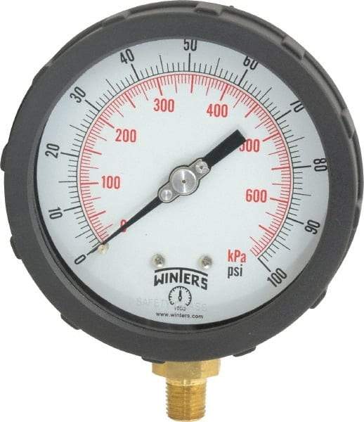 Winters - 4" Dial, 1/4 Thread, 0-100 Scale Range, Pressure Gauge - Lower Connection Mount, Accurate to 1% of Scale - Americas Industrial Supply