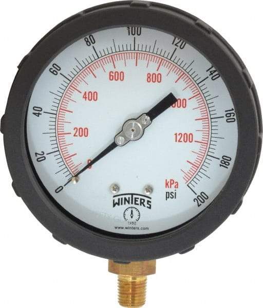 Winters - 4" Dial, 1/4 Thread, 0-200 Scale Range, Pressure Gauge - Lower Connection Mount, Accurate to 1% of Scale - Americas Industrial Supply