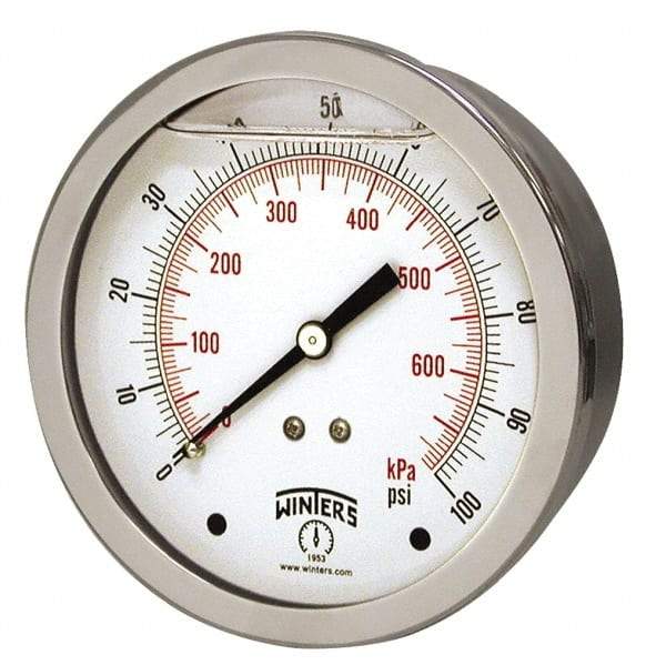 Winters - 1-1/2" Dial, 1/8 Thread, 0-1,000 Scale Range, Pressure Gauge - Center Back Connection Mount, Accurate to 2.5% of Scale - Americas Industrial Supply