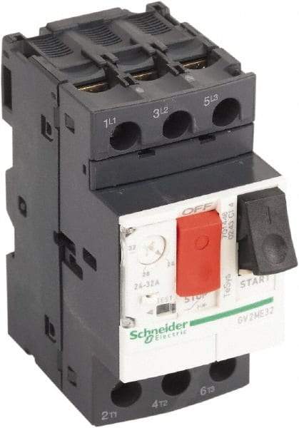 Schneider Electric - 32 Amp, 690 VAC at 50/60 Hz, 3 Pole, Bolt On, Clip Motor Circuit Breaker - Thermal Magnetic Trip, Multiple Breaking Capacity Ratings, 78mm Deep x 89mm High x 45mm Wide - Americas Industrial Supply