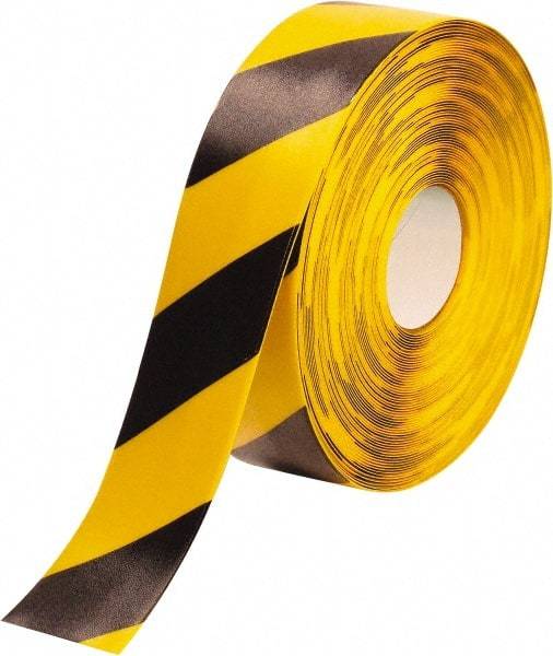 PRO-SAFE - Black & Yellow Striped PVC Tape - 3" Wide x 100' Long x 50 mil Thick, General Traffic - Americas Industrial Supply