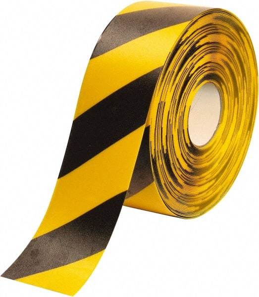 PRO-SAFE - Black & Yellow Striped PVC Tape - 4" Wide x 100' Long x 50 mil Thick, General Traffic - Americas Industrial Supply