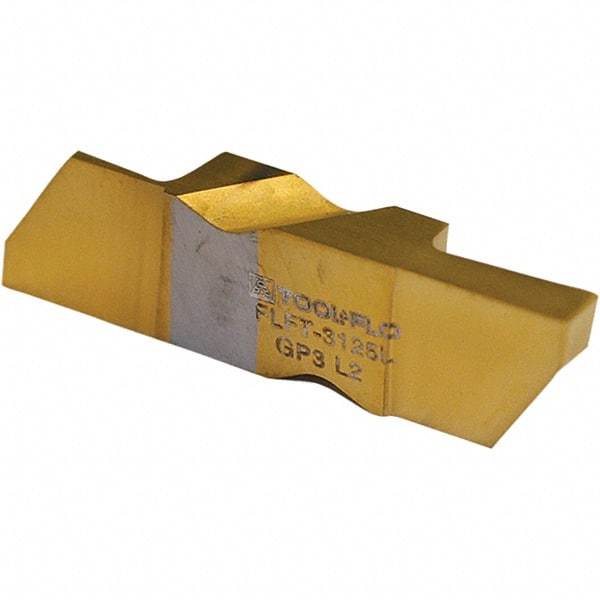 Tool-Flo - 4250FLGT Grade GP50E, 6.35mm Cutting Width Carbide Grooving Insert - 0.55" Max Depth of Cut, Right Hand, 0.02 to 0.025" Corner Radius, TiN Finish - Americas Industrial Supply