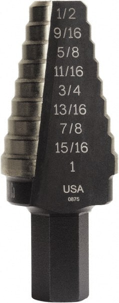 Irwin - 8 Hole Sizes, 9/16 to 1" Hole Diam Cobalt Step Drill Bit - Americas Industrial Supply