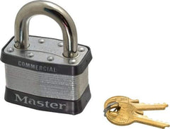 Master Lock - 1" Shackle Clearance, Keyed Different Padlock - 15/16" Shackle Width, 3/8" Shackle Diam, Laminated Steel - Americas Industrial Supply