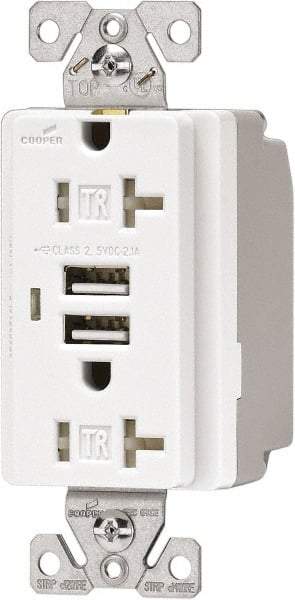 Cooper Wiring Devices - 2 USB Port, 2 Receptacle, 125 VAC, 5 VDC USB Receptacle - 5-15R NEMA Configuration, 20 Amp, White, 2.1 Amp Charging Power, Automatic Grounding, Screw Mount - Americas Industrial Supply