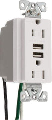 Cooper Wiring Devices - 2 USB Port, 2 Receptacle, 125 VAC, 5 VDC USB Receptacle - 5-15R NEMA Configuration, 15 Amp, White, 2.1 Amp Charging Power, Automatic Grounding, Screw Mount - Americas Industrial Supply